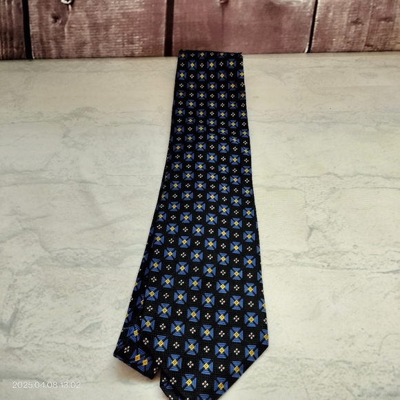 Paul Frederick Necktie Black Blue Yellow Accent Geometric Textured Men's Silk - Picture 9 of 9